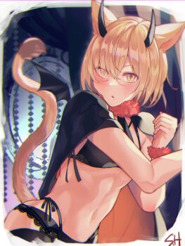 1boy animal_ears bat_wings black_bra blonde_hair blush border bra cat_boy cat_ears cat_tail crossdressing crossdressing_(mtf) demon_horns feminization final_fantasy final_fantasy_xiv highres horns lace lace-trimmed_panties lace_trim lingerie looking_at_viewer male_focus miqo'te navel panties parted_lips revealing_clothes shiroesa short_hair slit_pupils solo standing sweat tail trap underwear upper_body white_border wings yellow_eyes