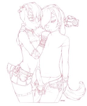 camera crossdressing doxy furry highres monochrome piercing shota tail topless_female trap