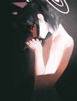 1girl absurdres animal_ears black_hair blue_archive cat_ears cat_girl colored_inner_animal_ears completely_nude extra_ears halo highres kazusa_(blue_archive) looking_at_viewer nude own_hands_together red_eyes riel_(rielilu) short_hair sideways_glance solo upper_body