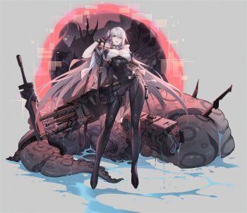 1girl absurdres breasts chinese_commentary cleavage closed_mouth commentary_request full_body green_eyes grey_background grey_hair highres large_breasts long_hair long_legs looking_at_viewer octopus_tentacles original persimmonszzz simple_background skin_tight solo standing sword tentacles very_long_hair weapon