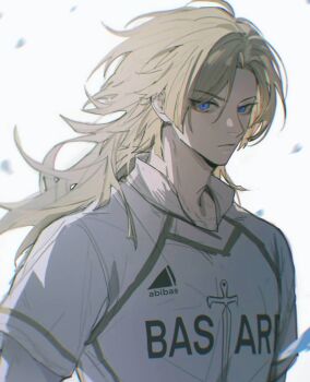 Rule 34 | 1boy, adam's apple, alternate hairstyle, bastard munchen soccer uniform, blonde hair, blue eyes, blue lock, closed mouth, highres, long hair, looking at viewer, male focus, michael kaiser, pcal pcal, shirt, simple background, solo, upper body, white background, white shirt