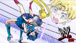 Rule 34 | 2girls, artist logo, bishoujo senshi sailor moon, blonde hair, blue bow, blue bowtie, blue footwear, blue hair, blue sailor collar, blue skirt, boots, bow, bowtie, circlet, clenched teeth, commentary, crescent, crescent earrings, earrings, elbow gloves, english commentary, ep4kun, gloves, high heel boots, high heels, jewelry, long hair, magical girl, mizuno ami, multiple girls, red bow, red bowtie, red footwear, sailor collar, sailor mercury, sailor moon, sailor senshi, sailor senshi uniform, skirt, tears, teeth, tsukino usagi, twintails, white gloves, wrestling, wrestling ring