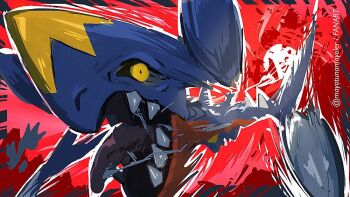 berry_(pokemon) black_sclera claws colored_sclera dragon falling foreshortening garchomp gen_2_pokemon gen_4_pokemon gen_5_pokemon hydreigon looking_at_viewer mayotsunamayo multiple_others nintendo no_humans open_mouth pachirisu pokemon pokemon_(creature) pokemon_world_championships red_background sharp_teeth silhouette solo spikes tackle teamwork teeth tongue tyranitar video_game_championships_2015 violence yellow_eyes