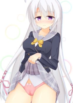 Rule 34 | 1girl, ahoge, ayachi nene, black jacket, blush, bow, bow panties, bowtie, breasts, cameltoe, chataring mai, closed mouth, clothes lift, commentary request, cowboy shot, drop shadow, embarrassed, eyes visible through hair, grey hair, grey sailor collar, grey skirt, hair between eyes, hair ribbon, highres, jacket, large breasts, lifting own clothes, long hair, long sleeves, miniskirt, panties, pink panties, pink ribbon, plaid clothes, plaid skirt, pleated skirt, purple eyes, ribbon, sailor collar, sanoba witch, school uniform, serafuku, shirt, sidelocks, simple background, skirt, skirt lift, solo, split mouth, straight hair, underwear, very long hair, wavy mouth, white background, white bow, white shirt, yellow bow, yellow bowtie