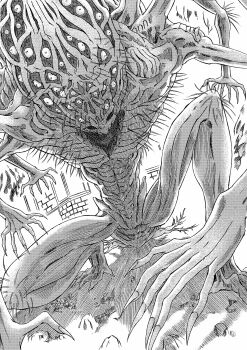 913kousatu absurdres amygdala_(bloodborne) bloodborne commentary_request eldritch_abomination extra_arms extra_eyes fingernails greyscale highres monochrome monster no_humans sharp_fingernails