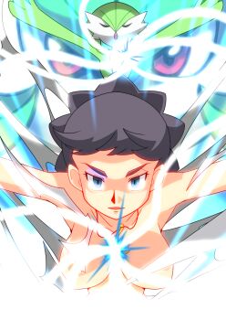2girls black_hair blue_eyes breasts closed_eyes colored_skin diantha_(pokemon) gardevoir gen_3_pokemon green_skin hainchu mega_evolution multicolored_skin multiple_girls nintendo nude outstretched_arms pink_eyes pokemon pokemon_(creature) pokemon_xy two-tone_skin white_skin