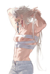 Rule 34 | 1boy, abs, arms behind head, bandaged chest, biting, blade (honkai: star rail), collarbone, commentary, cowboy shot, earrings, expressionless, from side, highres, honkai: star rail, honkai (series), jewelry, long hair, looking down, male focus, navel, nipples, open pants, pants, pectorals, rayinhsr, simple background, solo, sunlight, symbol-only commentary, toned, toned male, topless male, twitter username, tying hair, white background, white hair, yingxing (honkai: star rail)