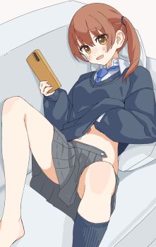 1girl :d absurdres barefoot blue_necktie blue_socks blue_sweater blush brown_eyes brown_hair cellphone collared_shirt commentary_request couch grey_background grey_skirt hair_between_eyes hand_under_clothes hand_under_shirt highres holding holding_phone kopaka_(karda_nui) long_sleeves lying necktie no_shoes on_back on_couch open_clothes open_mouth open_skirt original phone pleated_skirt puffy_long_sleeves puffy_sleeves ribbed_sweater school_uniform shirt simple_background single_sock skirt sleeves_past_wrists smile socks solo sweater twintails white_shirt