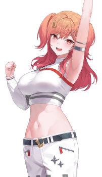 1girl :d absurdres ahoge arm_up armpits belt black_belt breasts cargo_pants commentary cowboy_shot cropped_shirt earrings english_commentary gradient_hair heart heart_earrings highres hololive hololive_dev_is ichijou_ririka ichijou_ririka_(regloss_uniform) jewelry large_breasts long_hair long_sleeves looking_at_viewer midriff multicolored_hair navel official_alternate_costume official_alternate_hairstyle open_mouth orange_eyes orange_hair pants pink_hair shirt simple_background single_sleeve smile solo steelball_(jwk76806995) swept_bangs two_side_up virtual_youtuber white_background white_pants white_shirt