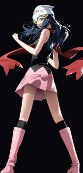 1girl 987645321o armpit_crease beanie black_background black_shirt black_socks blue_eyes blue_hair boots breasts clenched_hand dawn_(pokemon) floating_hair from_behind full_body hands_up hat highres knee_boots legs_apart long_hair looking_back miniskirt nintendo pink_boots pink_skirt pokemon pokemon_dppt red_scarf scarf shirt simple_background skirt sleeveless sleeveless_shirt small_breasts socks solo standing thighs white_hat