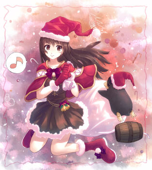 1girl bad_id bad_pixiv_id barrel bird black_santa_costume boots brown_eyes brown_hair capelet creator_(ragnarok_online) female_focus gloves hat long_hair musical_note penguin ragnarok_online sack santa_boots santa_costume santa_gloves santa_hat solo speech_bubble yakka
