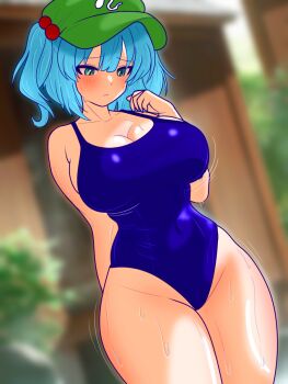 Rule 34 | 1girl, blue eyes, blue hair, blue one-piece swimsuit, blurry, blurry background, blush, breasts, cleavage, commentary, cowboy shot, green hat, hair bobbles, hair ornament, hat, highres, huge breasts, kawashiro nitori, one-piece swimsuit, solo, sweat, swimsuit, thick thighs, thighs, touhou, two side up, zivmf