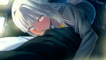 1boy 1girl black_skirt blush bow bowtie breasts censored clothed_sex fellatio formal_clothes game_cg grey_hair grey_suit heterochromia highres hug_and_suck isis_(kyokugen_chikan_tokuiten) kneeling kyokugen_chikan_tokuiten_neo large_breasts long_hair m&amp;m_(mickey_and_mackey) oral penis skirt suit yellow_bow yellow_bowtie