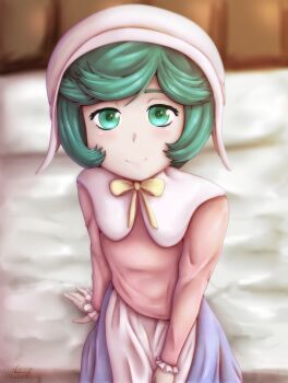 berserk bow dress frilled_sleeves frills green_eyes green_hair hat headgear looking_at_viewer schierke schierke_(berserk) sitting skirt smile vadamecox