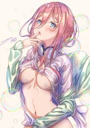 Rule 34 | 1girl, absurdres, air bubble, blue cardigan, blue eyes, breasts, brown hair, bubble, cardigan, commentary request, convenient arm, finger in own mouth, go-toubun no hanayome, headphones, headphones around neck, highres, large breasts, long hair, long hair between eyes, long sleeves, looking at viewer, mike3284, nakano miku, navel, open cardigan, open clothes, open mouth, partially unbuttoned, shirt, signature, simple background, solo, twitter username, underboob, white shirt