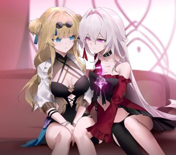 2girls baiser3rd between_legs black_choker black_dress blonde_hair blue_eyes bow breasts breasts_apart bright_pupils chest_bow choker dress eyewear_on_head hair_intakes hair_ornament highres honkai_(series) honkai_impact_3rd jacket long_hair long_sleeves midriff multiple_girls purple_bow purple_eyes red_jacket round_eyewear sitting songque songque_(astralop) sunglasses tassel tassel_hair_ornament thelema_nutriscu thelema_nutriscu_(mad_pleasure:_shadowbringer) two_side_up very_long_hair white_hair white_jacket white_pupils