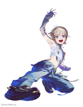 1girl :d arm_up armpits black_shoes blonde_hair blue_pants braid commentary_request copyright_notice cropped_shirt elbow_gloves fajyobore fingerless_gloves full_body gloves grey_arm_warmers grey_gloves hair_rings highres hololive hololive_dev_is looking_at_viewer midriff multicolored_hair navel official_alternate_costume official_alternate_hairstyle official_art open_mouth pants purple_eyes purple_hair shirt shoes short_hair simple_background single_hair_ring sleeveless sleeveless_shirt sliding smile solo streaked_hair teeth todoroki_hajime upper_teeth_only virtual_youtuber white_background white_shirt
