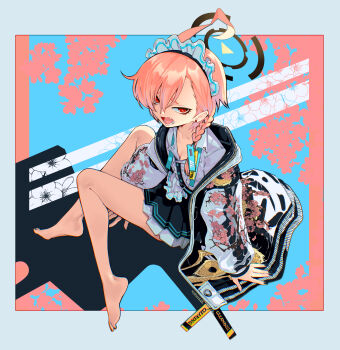 1girl absurdres ahoge backlighting barefoot between_legs black_nails blue_archive blue_background border braid breasts brown_halo cleaning_&amp;_clearing_(blue_archive) collarbone commentary_request eudetenis fangs floral_print from_above grey_border halo hand_between_legs hands_on_floor highres huge_ahoge jacket long_sleeves looking_at_viewer maid_headdress mole mole_under_eye nail_polish neru_(blue_archive) open_mouth outdoors pink_background pink_hair pleated_skirt print_jacket red_eyes road school_uniform shirt short_hair single_braid sitting skirt small_breasts solo sukajan tag three-toned_background white_shirt