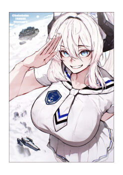 1girl bluecup breasts evie_(bluecup) giant giantess highres horns necktie original spacecraft tall_female