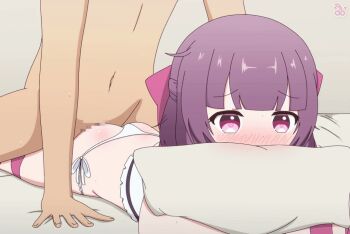 1boy 1girl animated animated_gif ass blush brown_hair censored cherrinako commission fallenshadow hair_ribbon hetero hugging_object indie_virtual_youtuber loli lying on_bed on_stomach panties pillow pillow_grab pillow_hug pink_eyes purple_eyes purple_hair purple_ribbon ribbon sex short_hair ugoira underwear virtual_youtuber white_panties