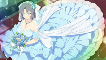 1girl blue_dress blue_eyes blue_flower bouquet breasts bridal_veil bride cleavage closed_mouth dress flower frilled_dress frills game_cg grey_hair hair_flower hair_ornament holding holding_bouquet jewelry large_breasts looking_at_viewer medium_hair necklace nontraditional_wedding_dress official_art rose senran_kagura senran_kagura_new_wave sitting smile solo third-party_source veil wedding_dress white_flower white_rose yumi_(senran_kagura)