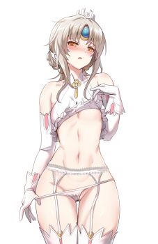 Rule 34 | 1girl, bare shoulders, blush, clothes lift, code: esencia (elsword), cowboy shot, crown, detached sleeves, elsword, eve (elsword), facial mark, garter belt, garter straps, gloves, grey hair, highres, looking at viewer, micro panties, mini crown, navel, panties, parted lips, pinkmarine, revealing clothes, shirt, shirt lift, simple background, sleeveless, sleeveless shirt, solo, stomach, thighhighs, underwear, undressing, white background, white gloves, white shirt, white sleeves, white thighhighs, yellow eyes