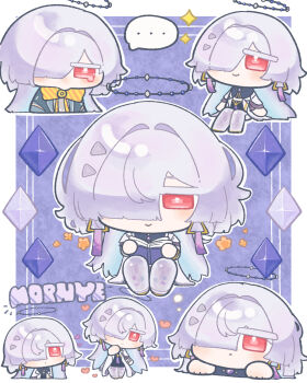 Rule 34 | ..., 1girl, :<, amakara 0614, book, border, bow, bowtie, character name, chibi, chibi only, closed mouth, colored eyelashes, commentary request, earrings, grey hair, hair over one eye, halo, highres, holding, holding book, jewelry, long hair, looking at viewer, mornye (wuthering waves), multiple views, orange bow, orange bowtie, purple background, reading, smile, spoken ellipsis, tearing up, triangle earrings, white border, wuthering waves