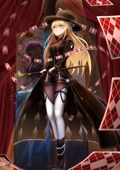 Rule 34 | >:), > o, 2girls, ;>, absurdres, against glass, alternate costume, animal, animal on head, aqua eyes, barefoot, bikini, bird, bird on head, black bikini, black boots, black hat, black jacket, black shorts, blonde hair, boots, bow, bowtie, box, braid, breasts, card, character print, clenched hand, closed mouth, commentary, constricted pupils, curtains, doyagao, eyes visible through hair, full body, glasses, green eyes, grey hair, hair between eyes, hair ribbon, half up braid, hand on glass, hands up, hat, heaven burns red, high heel boots, high heels, highres, holding, holding stick, in box, in container, izumi yuki, izumi yuki (summertime assuagement), jacket, large breasts, lock, long hair, long sleeves, looking ahead, looking at another, magician, multi-strapped bikini top, multiple girls, official alternate costume, on head, one eye closed, open clothes, open jacket, open mouth, outstretched hand, padlock, pigeon, psy (artist), rectangular mouth, red bow, red bowtie, ribbon, round eyewear, shorts, smile, smug, split mouth, spotlight, stage, standing, stick, string, stuck in a box, swimsuit, tailcoat, thighhighs, top hat, toujou tsukasa, translated, v-shaped eyebrows, very long hair, wading, water, white ribbon, white thighhighs, wide-eyed