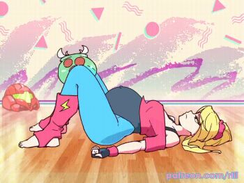 1980s_(style) 1girl animated animated_gif artist_name between_legs blonde_hair blue_pantyhose covered_navel exercising fingerless_gloves gloves unworn_headwear helmet unworn_helmet legs_together leotard looking_at_viewer lying metroid metroid_(creature) nintendo oldschool on_back pantyhose patreon_username ponytail pregnant retro_artstyle rtil samus_aran third-party_edit toeless_legwear toes watermark web_address