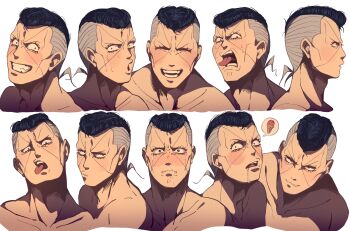1boy black_hair chart diamond_wa_kudakenai drooling multiple_expressions grey_hair grin happy highres hungry jojo_no_kimyou_na_bouken male_focus multicolored_hair multiple_views nijimura_okuyasu pompadour portrait pout profile siniy smile smug surprised tongue tongue_out topless_male two-tone_hair