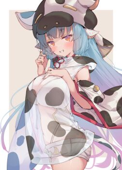 Rule 34 | 1girl, animal ears, animal print, blue hair, blush, breasts, catura (granblue fantasy), cleavage, commentary request, cow ears, cow hat, cow print, cow tail, cowboy shot, detached sleeves, draph, eip (pepai), from side, gradient hair, granblue fantasy, grin, hand on own chest, highres, holding, holding own hair, hood, large breasts, long hair, looking at viewer, midriff, multicolored hair, navel, orange eyes, purple background, purple hair, see-through clothes, short shorts, shorts, simple background, smile, solo, tail, thighs, two-tone hair, white background, white shorts, wide sleeves