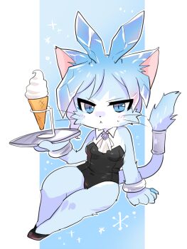 1girl alternate_costume animal_ears animal_hands annoyed arm_support black_leotard black_shoes blue_eyes blue_fur blue_hair bracelet breasts cat_busters cat_ears cat_girl cat_tail commentary_request debu_nezu detached_collar fake_animal_ears full_body furry furry_female glace_(cat_busters) hair_ears holding holding_tray ice_cream_cone ice_hair jewelry jitome leotard looking_at_viewer pear-shaped_figure petite shoes short_hair shortstack sitting slit_pupils small_breasts solo tail tray whiskers wide_hips