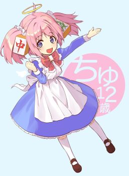 1girl absurdres ahoge angel_wings apron ayasugi_tsubaki back_bow blue_dress blue_eyes bow bowtie brown_shoes character_name chiyu chiyu_12-sai commentary_request detached_wings dress frilled_bowtie frilled_dress frilled_hair_tie frills full_body halo hand_up highres juliet_sleeves kneehighs long_sleeves looking_to_the_side mahjong_tile_brooch mahjong_tile_hair_ornament maid maid_apron mary_janes medium_dress mini_wings open_mouth outstretched_arm pink_hair puffy_sleeves red_bow red_bowtie shoes sidelocks sleeve_cuffs smile socks solo square_brooch standing traditional_halo twintails white_apron white_socks wings yellow_halo