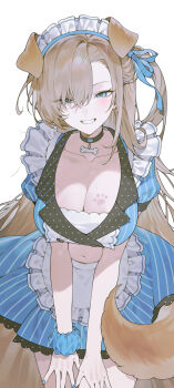 1girl absurdres animal_ears apron asuna_(blue_archive) blonde_hair blue_archive blue_dress blue_eyes blush breasts choker cleavage collarbone commentary_request dog_ears dog_tail dress frilled_dress frills grin hair_over_one_eye highres large_breasts long_hair looking_at_viewer maid_apron maid_headdress missing_halo official_alternate_costume puffy_short_sleeves puffy_sleeves scrunchie short_sleeves smile solo somok tail thighs wrist_scrunchie