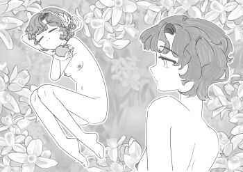 1girl =_= absurdres barefoot breasts commentary_request completely_nude curly_hair feather_hair_ornament feathers fetal_position flower food from_side fruit full_body greyscale hair_ornament hairband head_on_arm highres holding holding_food holding_fruit lying monochrome multiple_views navel nipples nude on_side orange_(fruit) profile reverse:1999 sanjuqing'an schneider_(reverse:1999) short_hair small_breasts upper_body