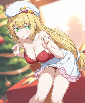 1girl :o absurdres blonde_hair blurry blurry_background breasts christmas christmas_tree cleavage cocorosot collarbone commentary_request green_eyes hands_up hat highres leaning_forward lillie_(holiday_2024)_(pokemon) lillie_(pokemon) long_hair looking_at_viewer low-tied_long_hair medium_breasts miniskirt nintendo official_alternate_costume one-piece_swimsuit pokemon pokemon_masters_ex red_one-piece_swimsuit skirt solo strap_slip swimsuit swimsuit_under_clothes thighs very_long_hair white_hat white_skirt
