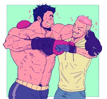 2boys ^^^ ^_^ arm_around_shoulder bara beard beard_stubble black_hair boxing_gloves burnt_tempe closed_eyes commission cowboy_shot danny_(felixnosi) denim facial_hair fist_bump full_beard happy highres inset_border jeans large_pectorals male_focus mature_male multiple_boys muscular muscular_male mustache original pants pectorals pink_hair short_hair sparkle sparkling_aura sparse_chest_hair stubble sweat thick_eyebrows thick_mustache thick_navel_hair topless_male undercut very_sweaty wrestler