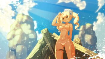 1girl aduare animated animated_gif arm_behind_back arm_up barbara_(genshin_impact) barbara_(summertime_sparkle)_(genshin_impact) bare_shoulders bikini_tan blonde_hair blue_eyes cleft_of_venus completely_nude cowboy_shot day genshin_impact hat light_rays looping_animation nipples nude outdoors pixel_art sailor_hat shading_eyes solo sunbeam sunlight tan tanline thigh_strap twintails white_hat wind