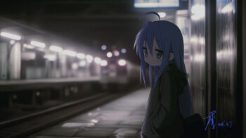 1girl ahoge blue_hair blurry blurry_background ceiling_light fluorescent_lamp from_side gnlop green_eyes grey_hoodie highres hood hood_down hoodie izumi_konata long_sleeves looking_at_viewer lucky_star mole mole_under_eye railroad_tracks solo subway subway_station tiles train_station train_station_platform tunnel underground