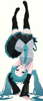 1girl aqua_eyes aqua_hair aqua_necktie aqua_trim bare_shoulders belt black_boots black_skirt black_sleeves boots collared_shirt commentary_request detached_sleeves futatunoniji grey_shirt hatsune_miku headset highres long_hair loose_belt miniskirt necktie open_mouth shirt skirt sleeveless sleeveless_shirt thigh_boots tie_clip upside-down vocaloid white_background