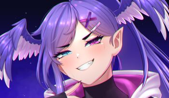 Rule 34 | 1girl, black nails, blue eyes, blush, cipher4109, commentary, english commentary, eyelashes, head wings, heterochromia, high ponytail, highres, long hair, nijisanji, parted lips, pointy ears, ponytail, purple eyes, purple hair, selen tatsuki, slit pupils, smirk, solo, thumbnail collage, upper body, virtual youtuber, wings