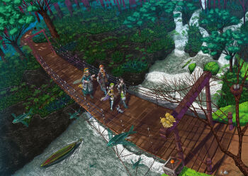2boys 2girls bird bird_nest black_hair blonde_hair blue_eyes breasts bridge brown_pants commentary_request egg elf fantasy fish flying_fish forest green_hair grey_hair highres holding holding_sword holding_weapon long_hair looking_at_another medium_breasts multiple_boys multiple_girls nagi_itsuki nature open_mouth original outdoors pants pointy_ears ponytail river scenery short_hair sword tree water weapon wooden_bridge