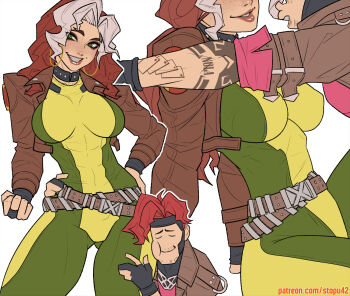 1boy 1girl arm_tattoo beard_stubble belt black_choker black_gloves blush bodysuit breasts brown_belt brown_jacket choker clenched_hand closed_eyes closed_mouth covered_abs cowboy_shot cropped_jacket earrings eyelashes facial_hair fingerless_gloves freckles gambit gloves green_bodysuit green_eyes hand_on_own_hip hand_up highres hoop_earrings jacket jewelry large_breasts lips long_hair long_sleeves looking_at_viewer marvel marvel_rivals multicolored_hair nose open_mouth outline parted_lips patreon_username red_hair rogue_(x-men) short_hair simple_background smile stopu stubble tattoo toned toned_female two-tone_hair upper_body white_background white_hair white_outline x-men