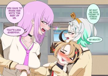 3girls absurdres ahoge blazer blush brown_hair cecilia_immergreen choker colored_inner_hair earrings english_text gigi_murin grabbing_another&#039;s_arm green_eyes green_hair highres holding hololive hololive_english jacket jewelry lightning_glare long_hair long_sleeves mori_calliope multicolored_hair multiple_girls necktie open_mouth pink_eyes pink_hair pink_necktie school_uniform sharp_teeth shirt short_hair smile soda_pop3423 streaked_hair teeth two-tone_hair virtual_youtuber winding_key yuri