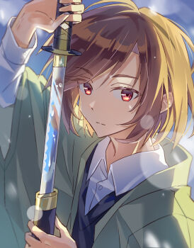 Rule 34 | 1boy, black vest, brown hair, chinese commentary, closed mouth, collared shirt, colored eyelashes, commentary request, eyes visible through hair, green jacket, harada mutei, highres, holding, holding sword, holding weapon, jacket, katana, long sleeves, male focus, mei4922237, open clothes, open jacket, red eyes, saibou shinkyoku, sheath, shirt, short hair, solo, swept bangs, sword, unsheathing, upper body, vest, weapon, white shirt