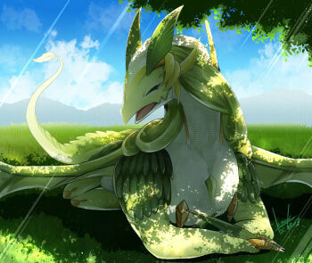 1girl closed_eyes commentary_request dragon_horns dragon_tail dragon_wings dragonmaid_lorpar duel_monster green_hair green_scales horns k.nock leaf leaf_on_head long_hair lying no_humans on_stomach open_mouth orange_eyes outdoors parlor_dragonmaid shade signature smile solo tail tree tree_shade wings yu-gi-oh!