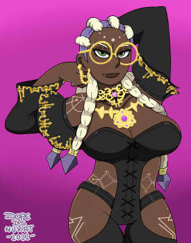1girl bodypaint braid braided_ponytail breasts cleavage collar corset curvy dark-skinned_female dark_skin dolores_(kof) dope_is_nukat dopeisnukat dress female_focus glasses gold green_eyes highres jewelry large_breasts long_hair long_sleeves looking_at_viewer multicolored_hair nukat_is_dope nukatisdope panties purple_hair round_eyewear standing the_king_of_fighters thick_lips thick_thighs thighs two-tone_hair underwear white_hair wide_hips