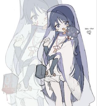 1girl alternate_hair_length alternate_hairstyle animal animal_on_shoulder animalization armor black_cat black_hair blood blood_on_face blood_on_tool blush_stickers cat cat_on_shoulder character_name clothing_cutout genderswap genderswap_(mtf) genshin_impact hammer hand_up heart highres holding holding_hammer japanese_armor japanese_clothes kariginu kingyo_(nyankomanjyuu15) kote kurokote layered_sleeves long_hair looking_at_viewer male_focus open_mouth person_and_animalization purple_eyes purple_sleeves purple_veil scaramouche_(cat)_(genshin_impact) scaramouche_(genshin_impact) scaramouche_(kabukimono)_(genshin_impact) see-through_clothes see-through_veil shorts shoulder_cutout solo three-quarter_sleeves veil very_long_hair white_background white_shorts white_sleeves wide_sleeves wispy_bangs zoom_layer