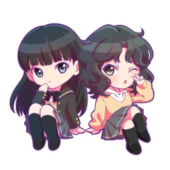 Rule 34 | 2girls, ;o, amagami, ayatsuji tsukasa, black bow, black bowtie, black eyes, black hair, black jacket, black sailor collar, black socks, blazer, blunt bangs, bow, bowtie, chibi, closed mouth, commentary request, cowboy shot, curly hair, full body, grey skirt, hand up, invisible chair, jacket, kibito high school uniform, long sleeves, looking at viewer, messy hair, multiple girls, one eye closed, parted bangs, pleated skirt, sailor collar, school uniform, shirt, simple background, sitting, skirt, socks, summer uniform, sweater, tanamachi kaoru, v, wavy hair, white background, white shirt, winter uniform, wtbn zw u, yellow sweater