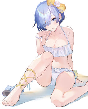 1girl barefoot bead_bracelet beads bikini blue_eyes blue_hair blush bow bracelet breasts cleavage collarbone commentary_request feet foot_out_of_frame frilled_bikini frills hair_bow hair_ornament highres jewelry knee_up looking_at_viewer navel pekoo_(pekota) re:zero_kara_hajimeru_isekai_seikatsu rem_(re:zero) short_hair simple_background sitting solo swimsuit toenails toes white_background white_bikini yellow_bow